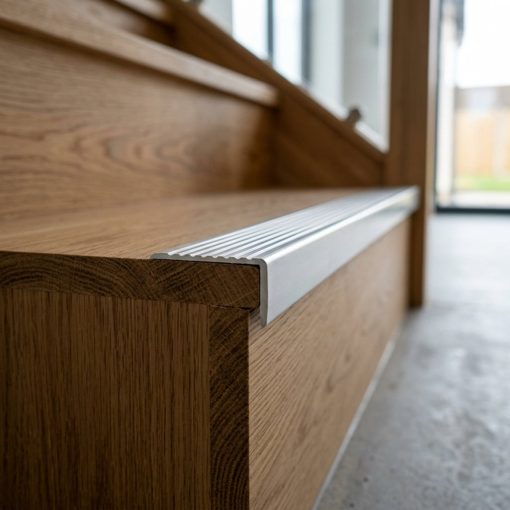 Anodised aluminium wide grooved stair nosing, 40 x 20 mm – nosing fitted on an oak stair tread