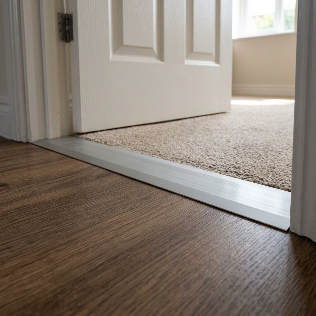 Self-adhesive aluminium door threshold strip, 100 mm wide – fitted in a doorway between carpet and a wooden floor