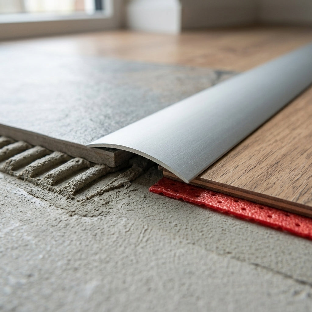 Self-adhesive aluminium door threshold strip, 40 mm wide – covering the joint between tiles and laminate