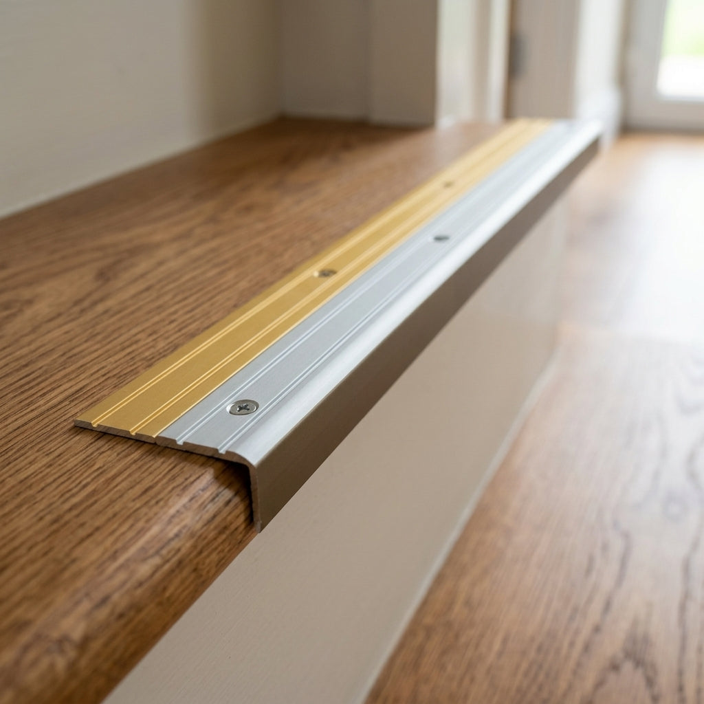 Anodised aluminium grooved stair nosing, 25 x 10 mm – close-up of a gold nosing on a stair edge