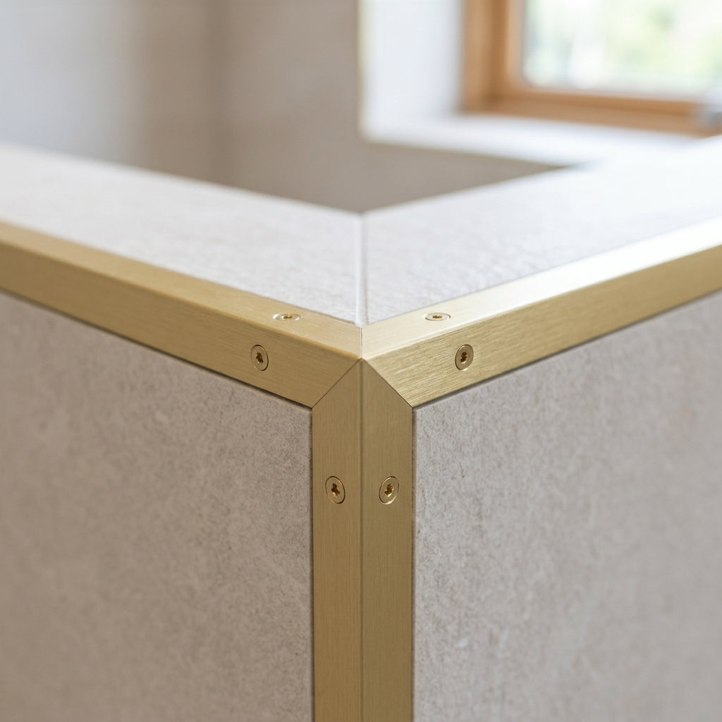 Brushed light gold aluminium angle trim – fitted along cabinet edges