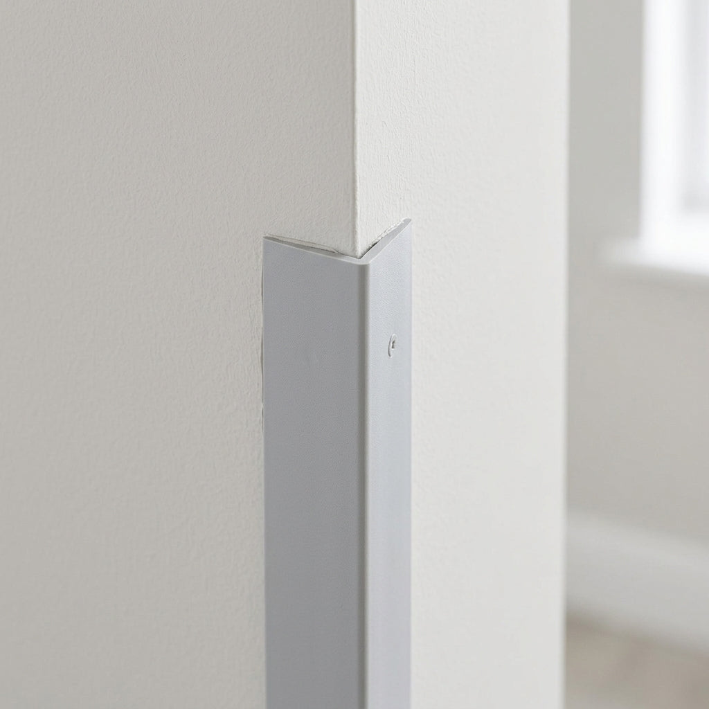 Light grey PVC corner angle trim – close-up on a wall corner