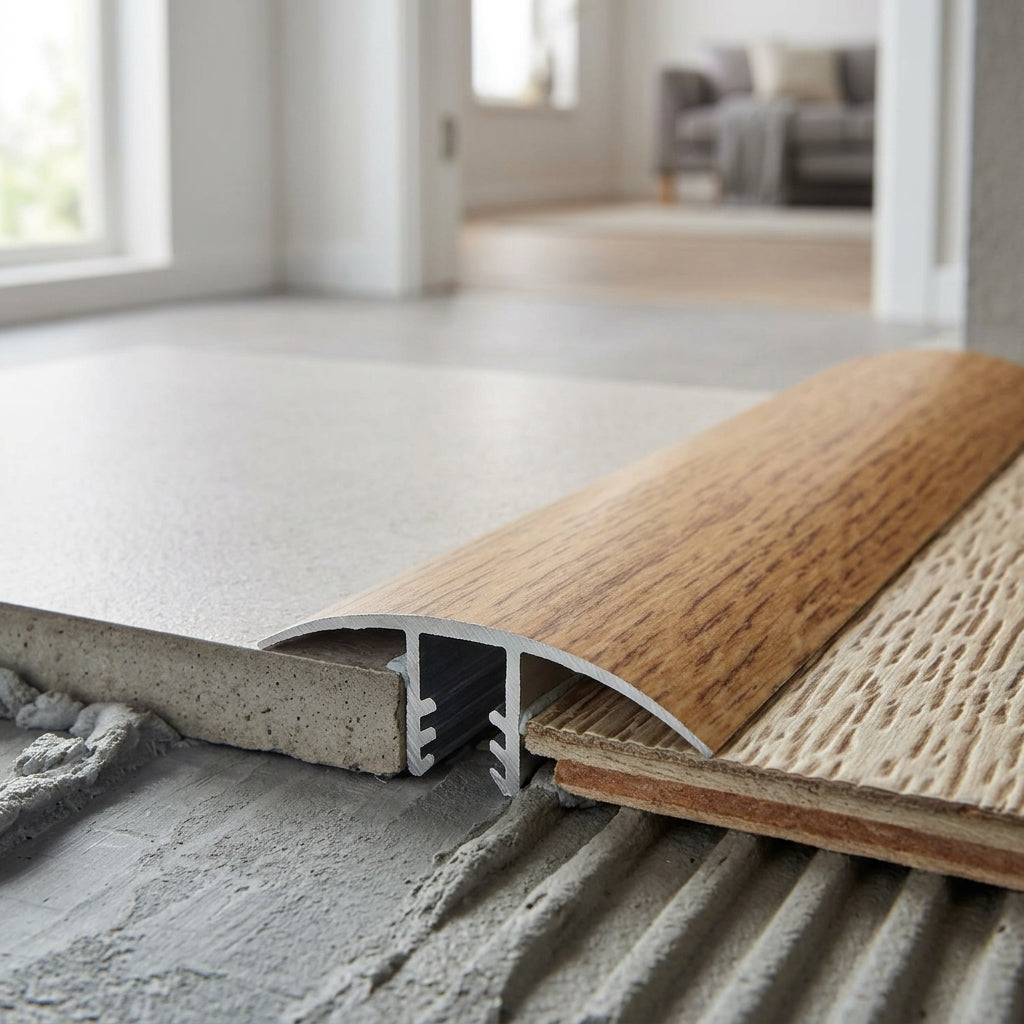 Wood effect aluminium door threshold strip, 47 mm – profile view showing the fixing