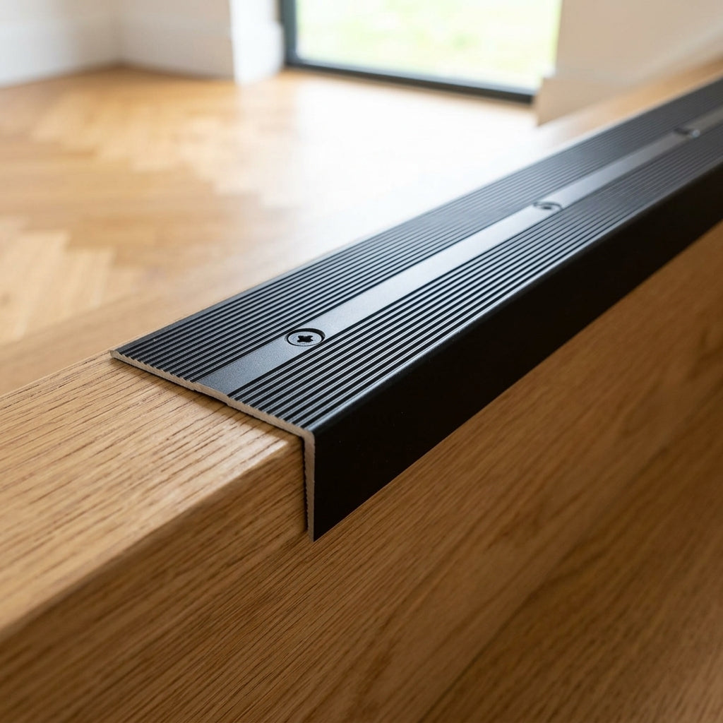 Anodised aluminium grooved stair nosing, 40 x 20 mm – dark brown nosing fitted on a stair edge