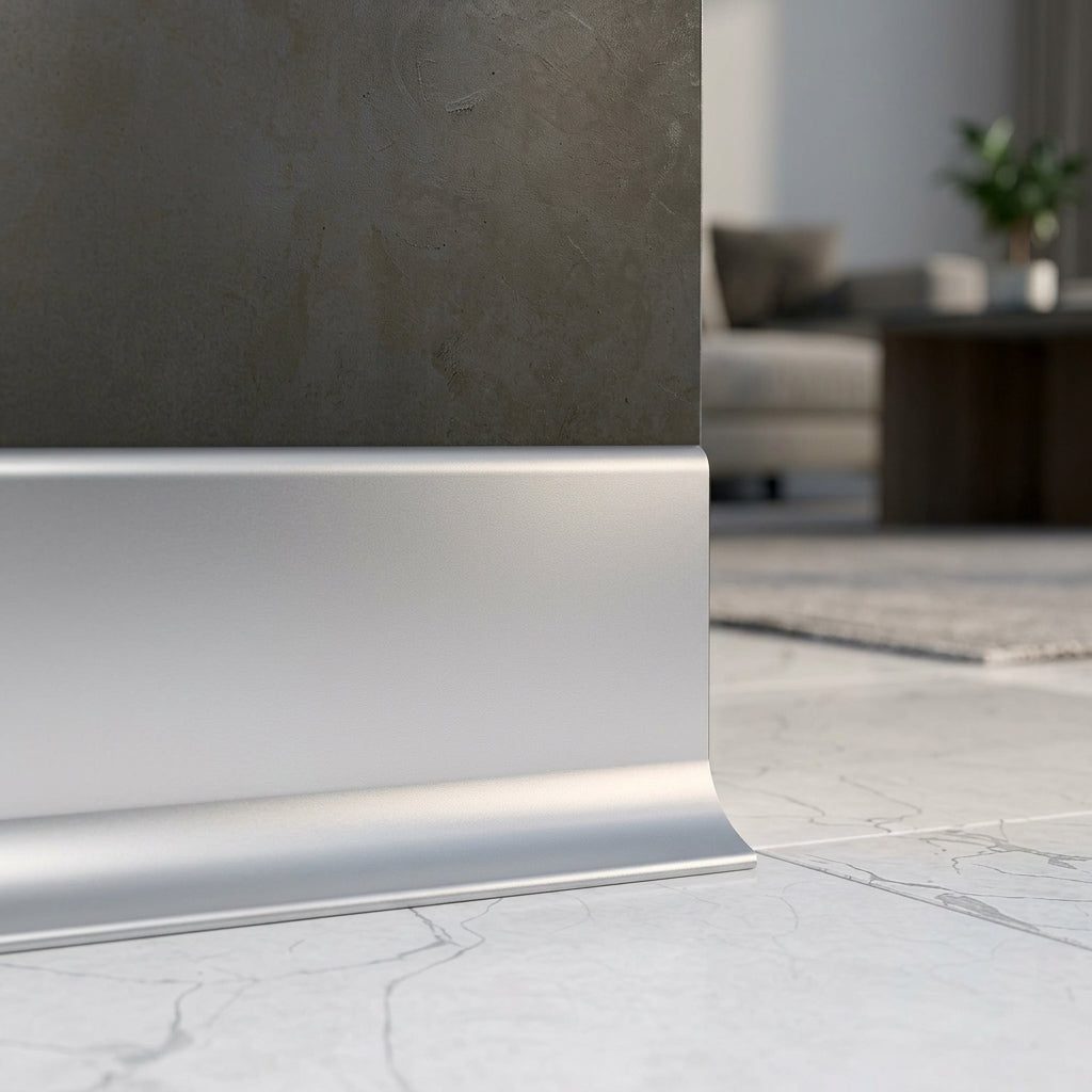 Anodised aluminium skirting board, 100 mm high – close-up of the silver skirting