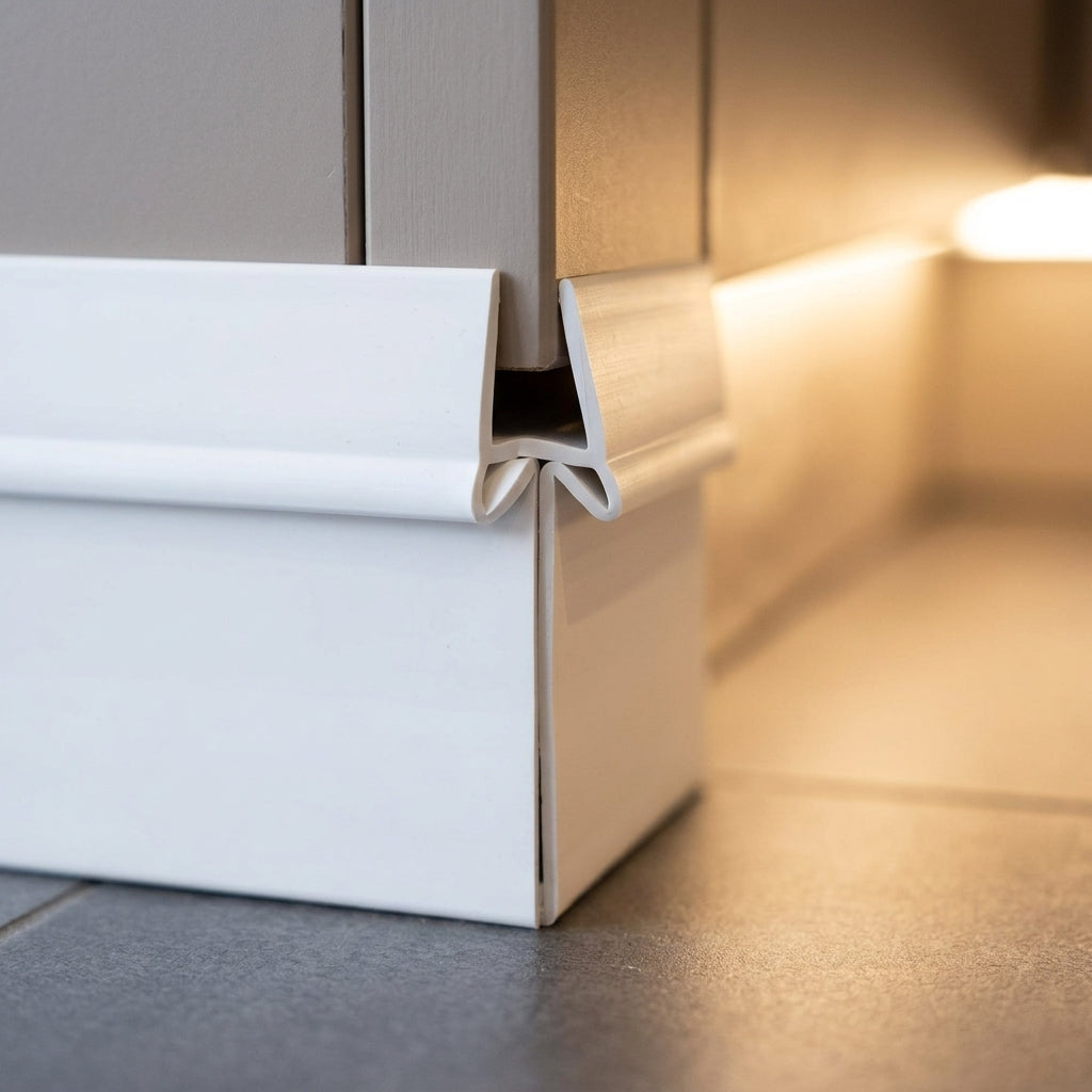 White PVC plinth sealing strip – close-up of the white strip