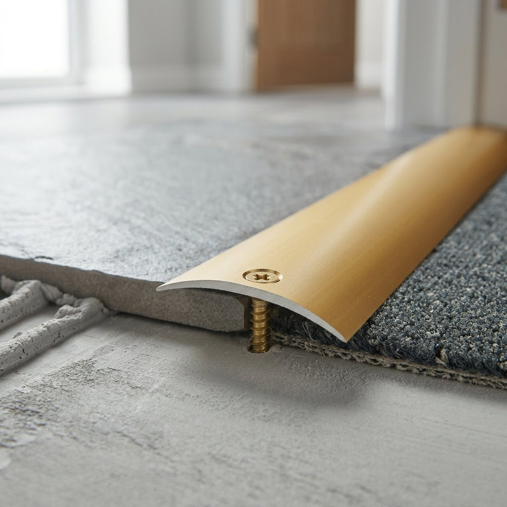 Anodised aluminium door threshold strip, 40 mm wide – close-up of the gold strip