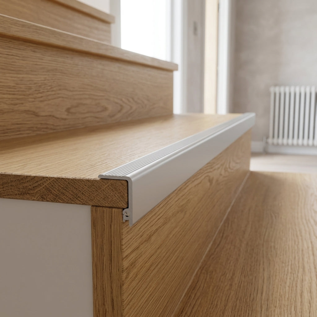 Aluminium outer corner stair nosing for 3 mm LVT – fitted on an LVT step