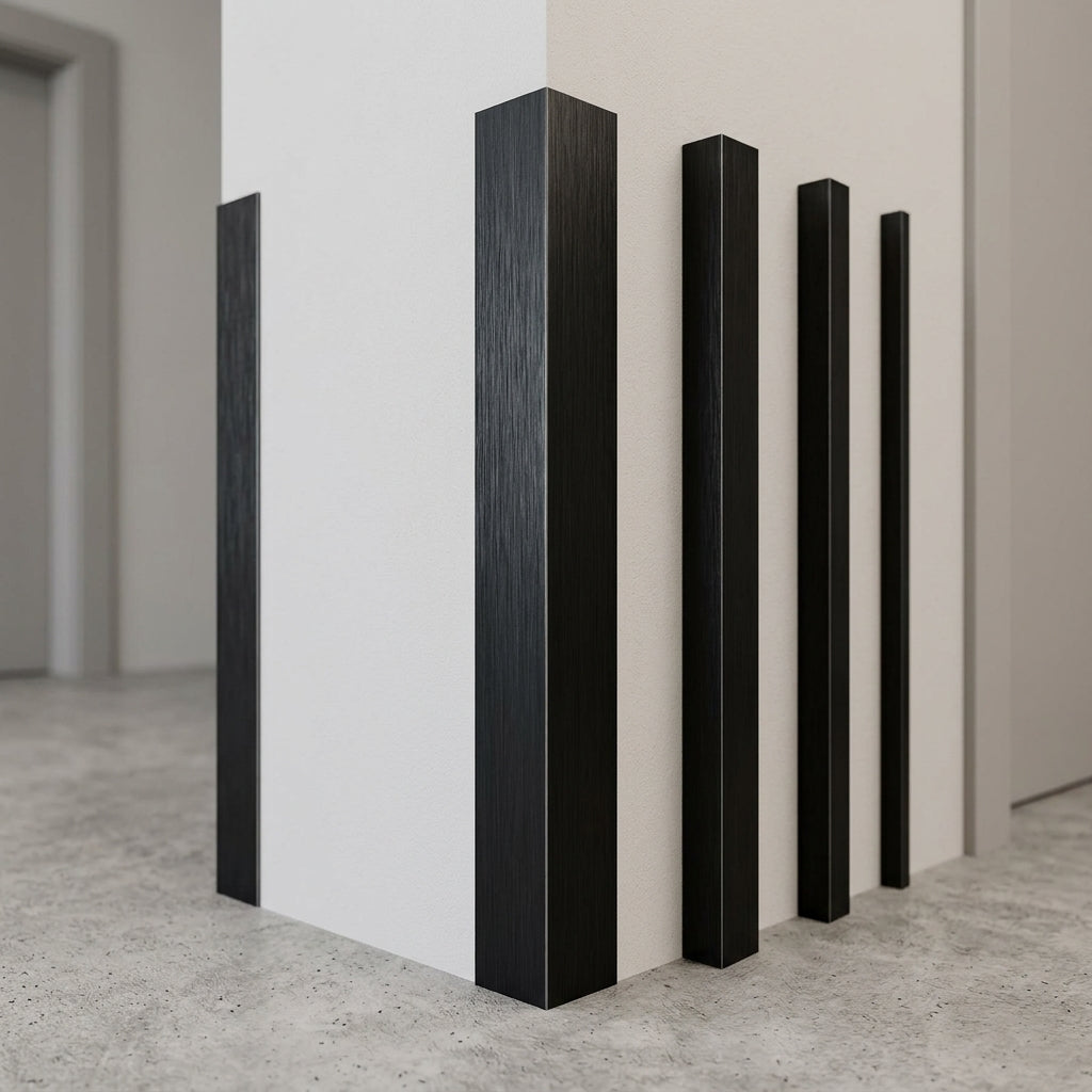 Brushed black aluminium angle trim – different sizes fitted on a wall