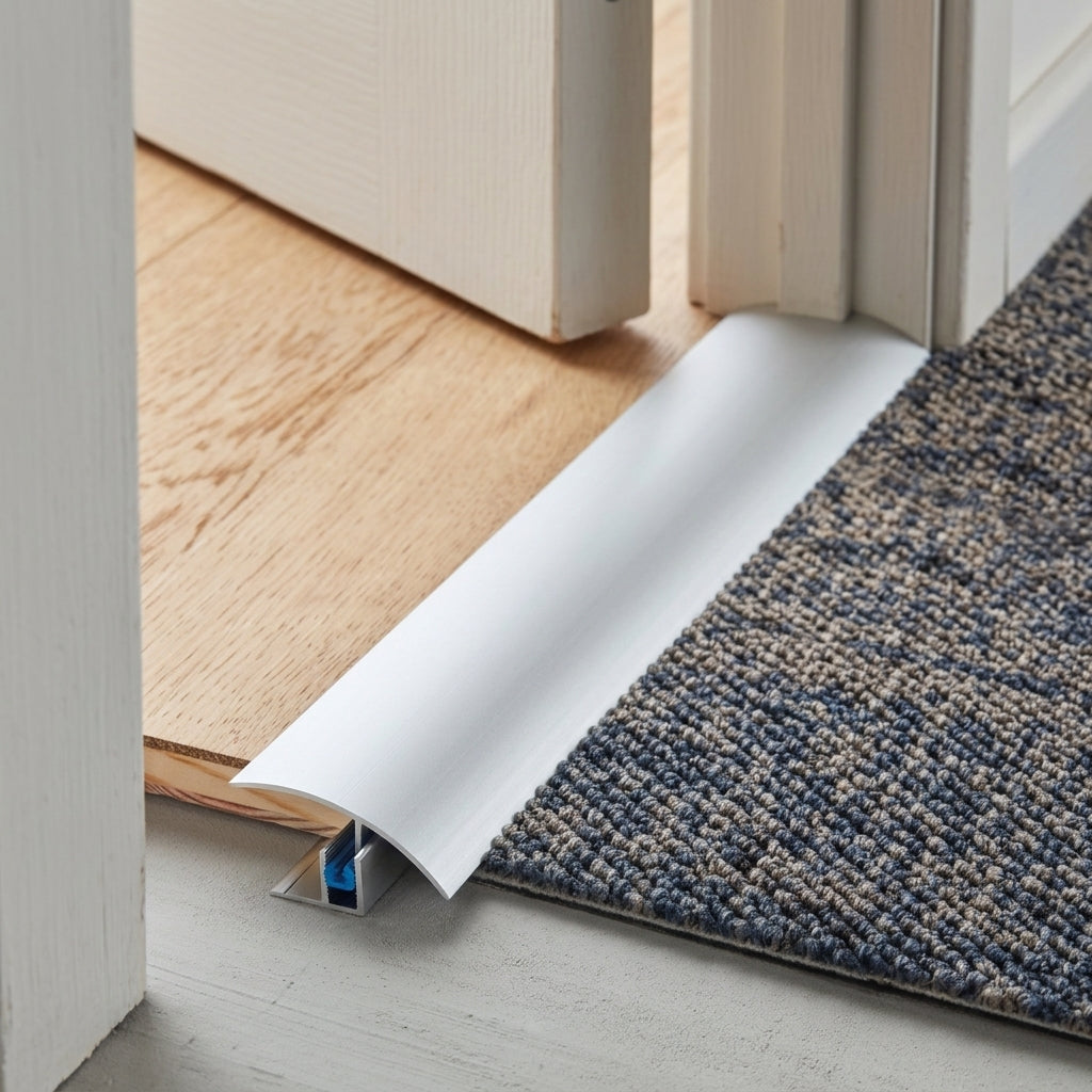 Push-in aluminium door threshold strip, 50 mm wide – fitted between a wooden floor and carpet