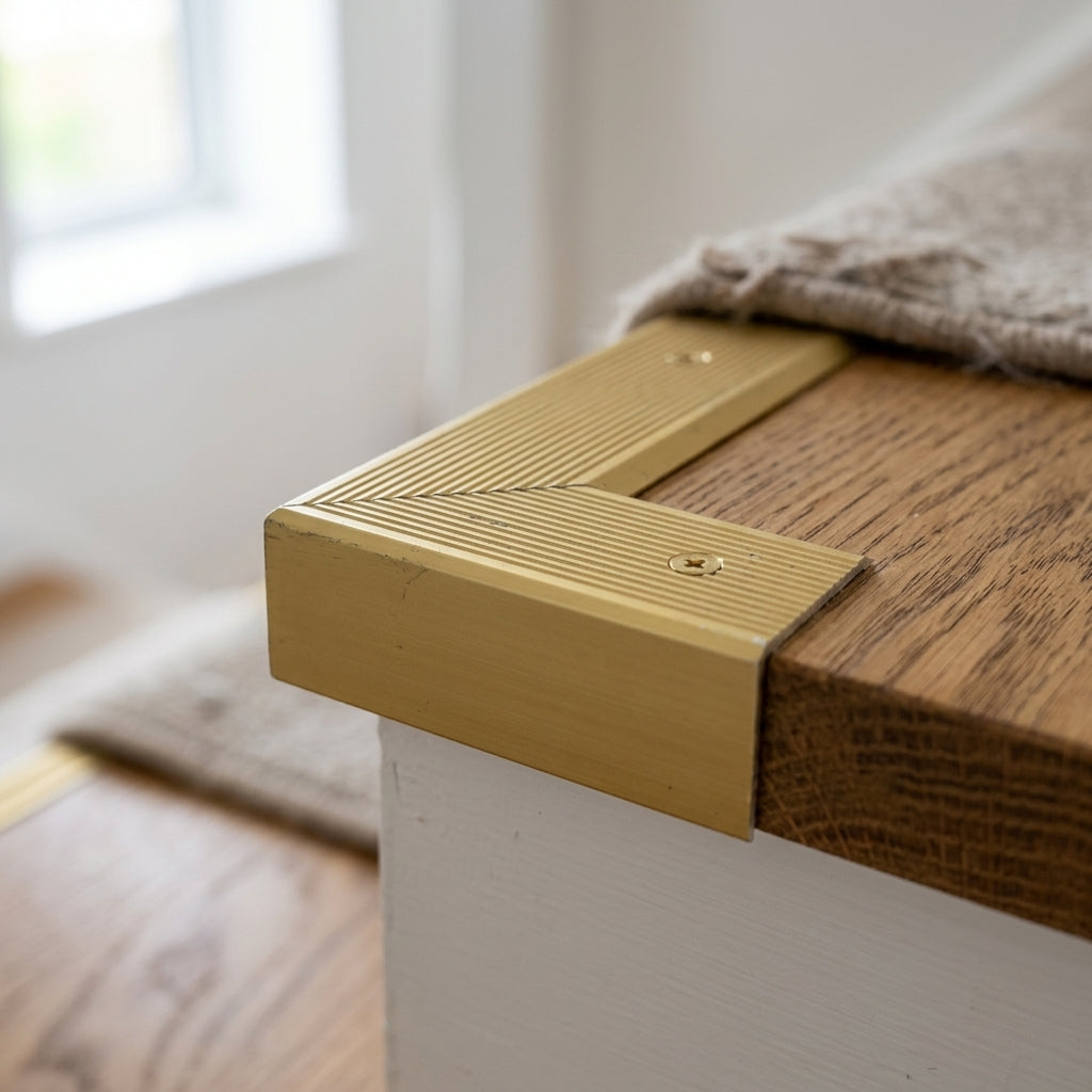 Anodised aluminium grooved stair nosing, 30 x 30 mm – gold nosing fitted on the corner of a stair