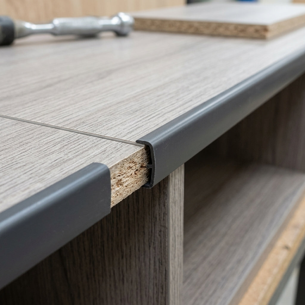 PVC U-trim edging strip for 18 mm furniture board – grey edging on a board edge