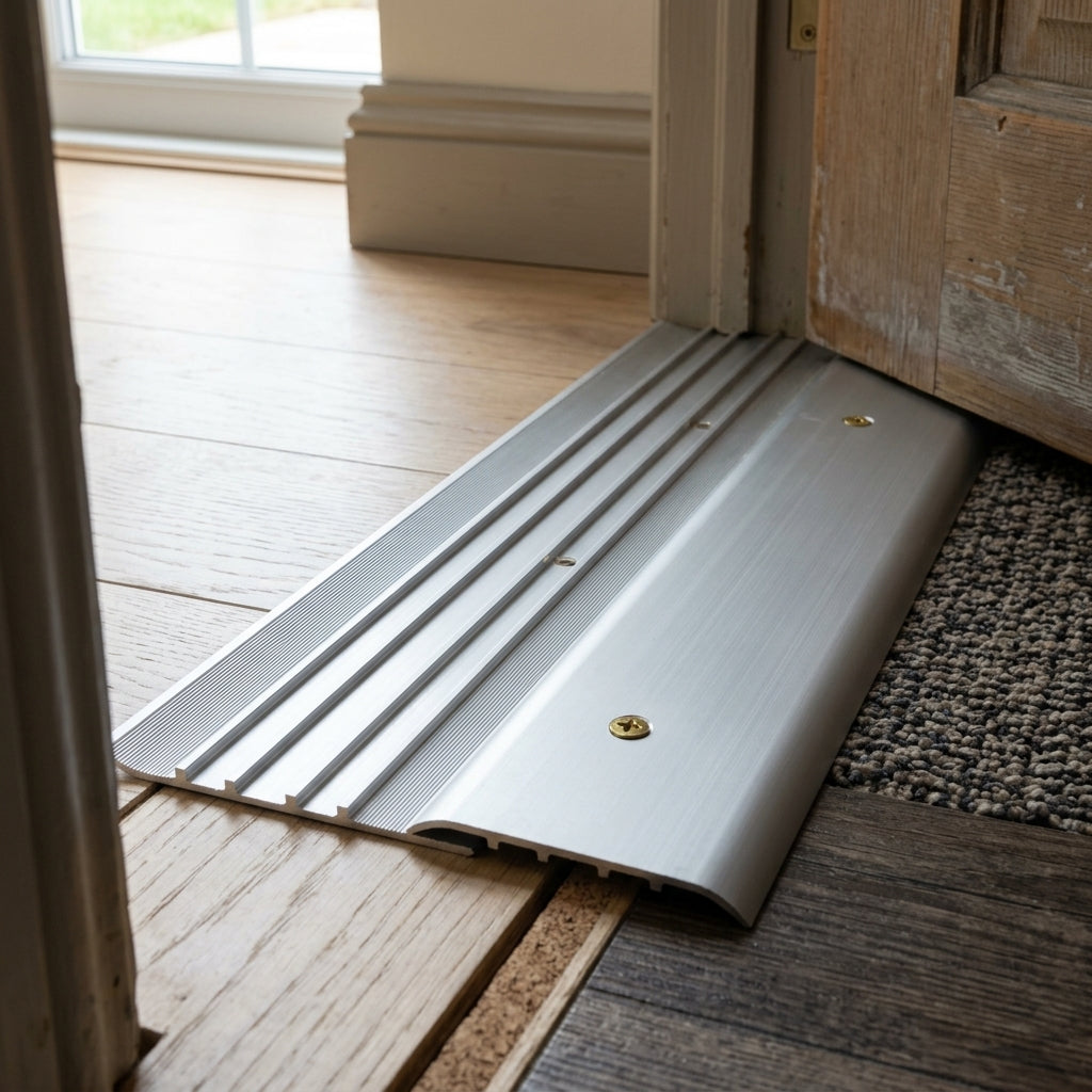 Aluminium door threshold strip, 80 mm wide x 4.2 mm high – silver grooved strip fitted in a doorway