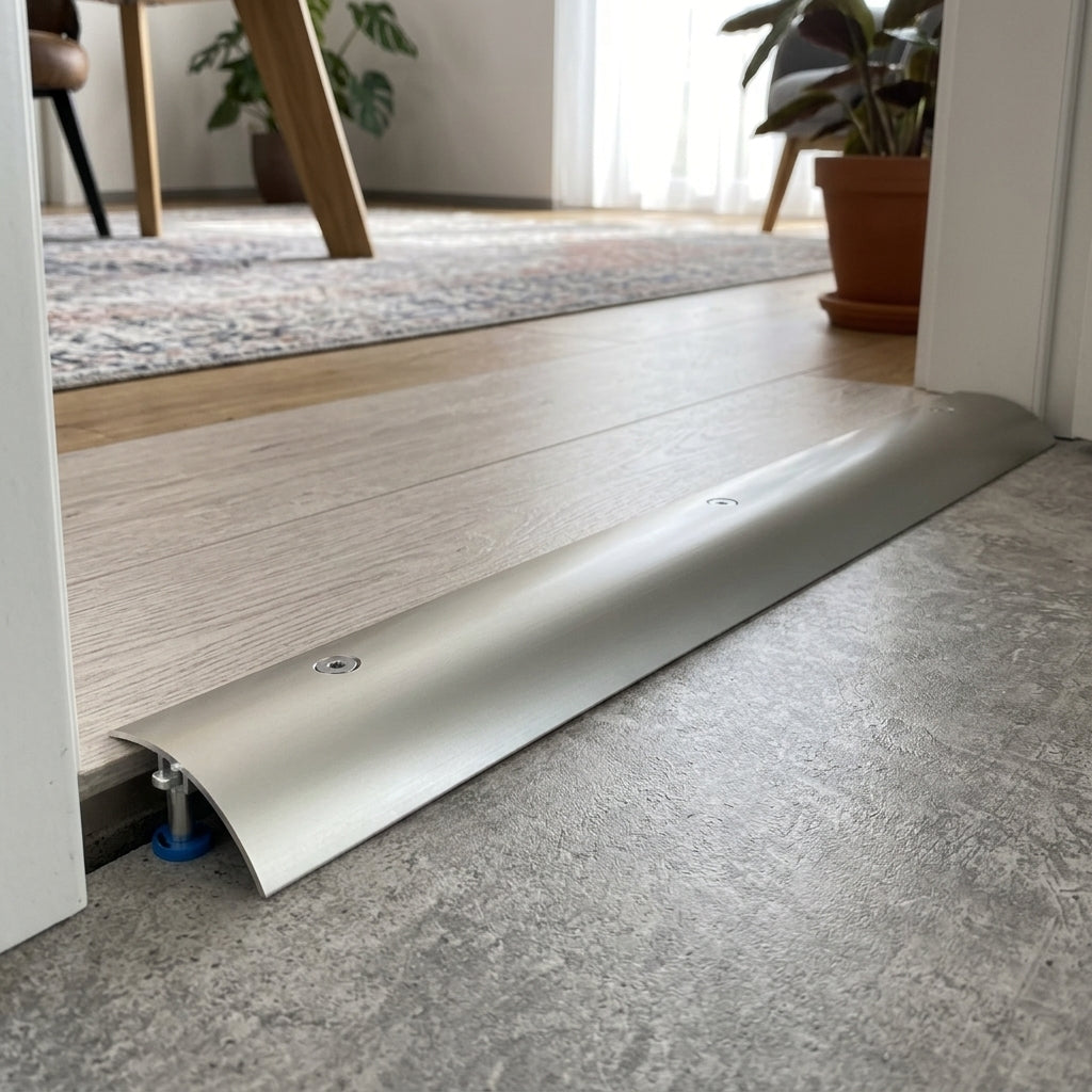 Push-in anodised aluminium door threshold strip, 30, 40 and 50 mm wide – fitted in a doorway