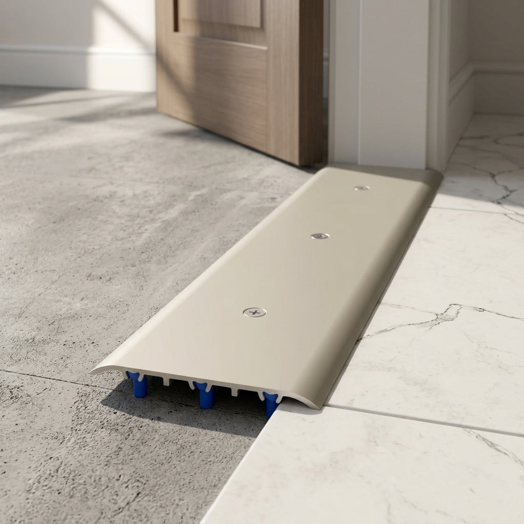 Aluminium door threshold strip, 80 mm wide, invisible mounting – wide strip fitted in a doorway