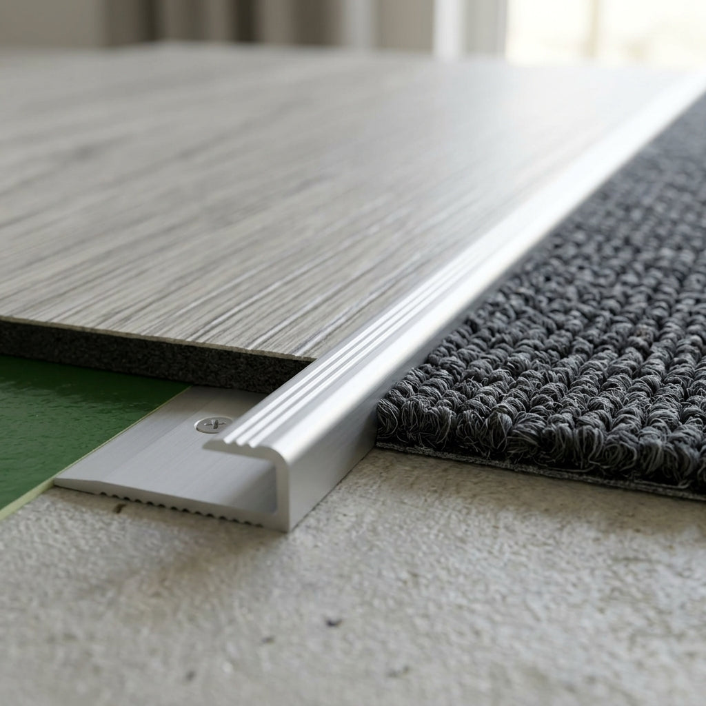 Anodised aluminium flooring edge profile for 5 mm LVT – close-up of the L profile on a floor edge