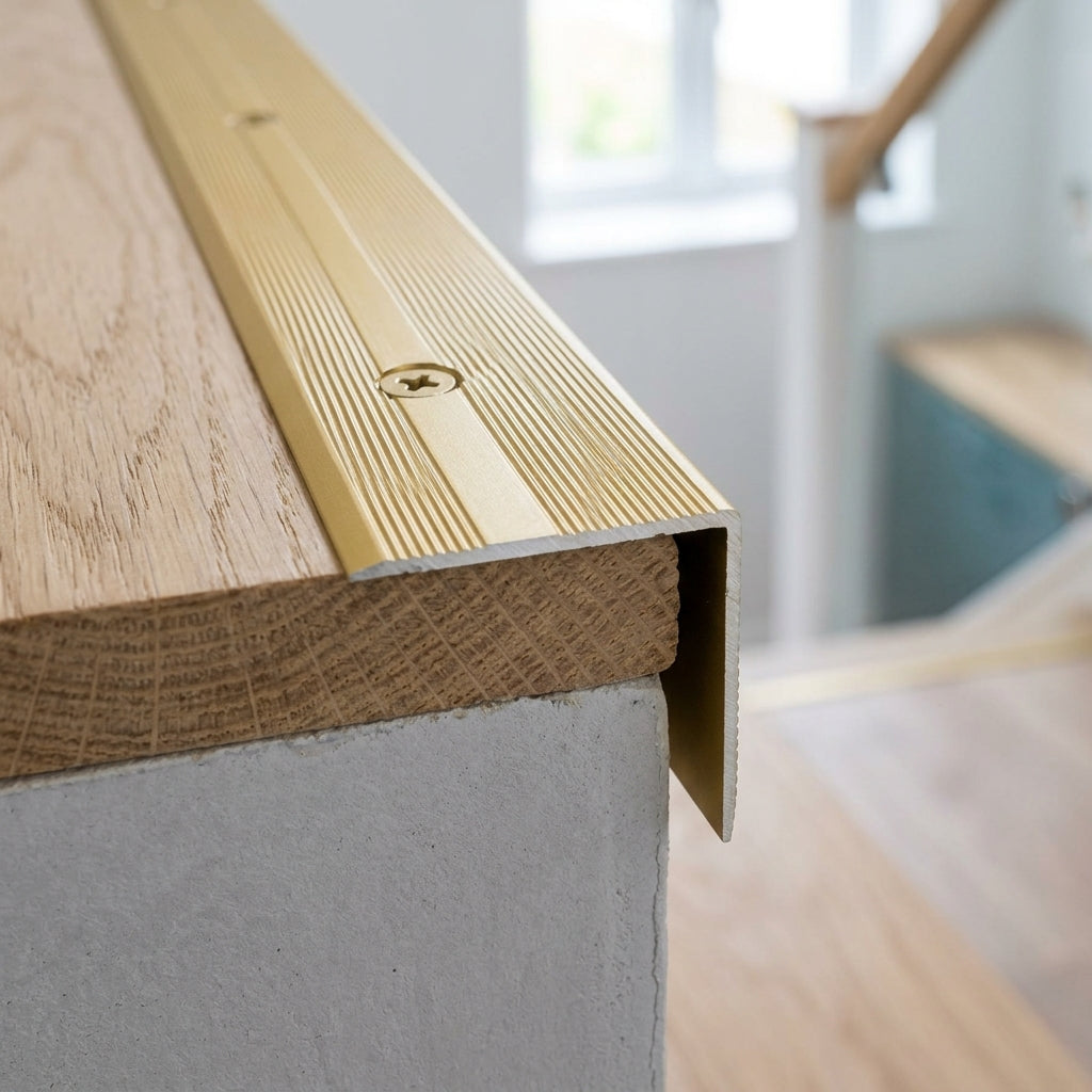 Aluminium stair nosing with ribbed anti-slip top, 45 x 40 mm – close-up of a gold nosing