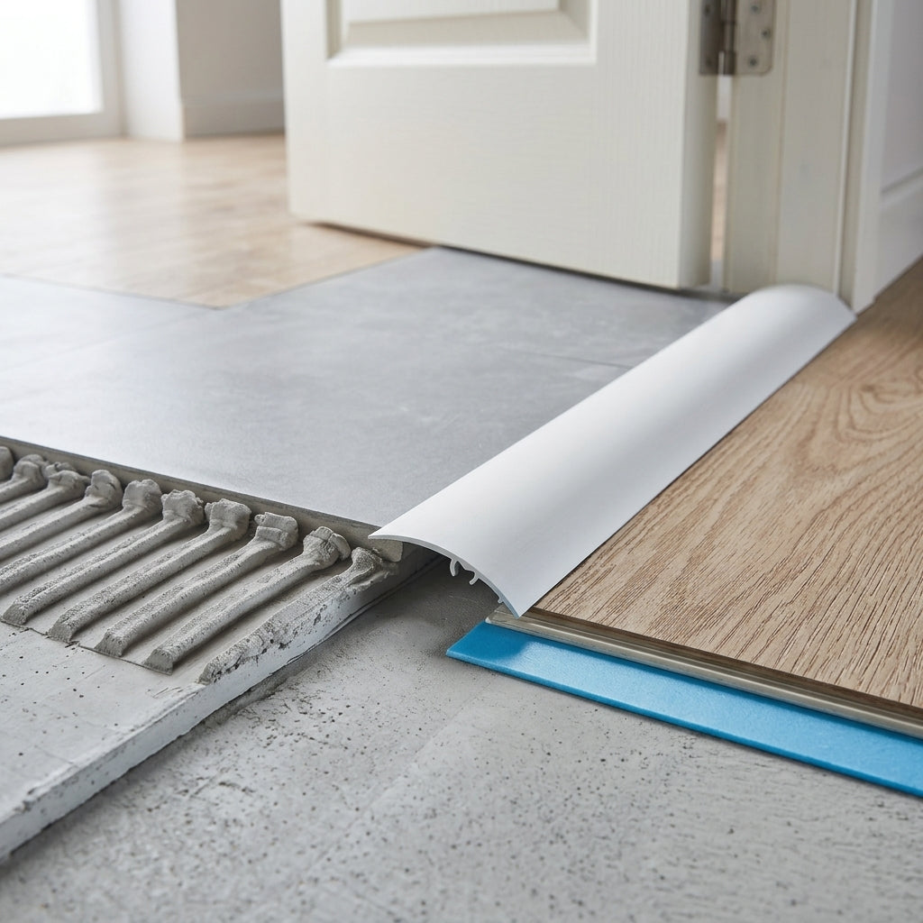 Aluminium door threshold strip, 37 mm x 930 mm – silver strip fitted between tiles and a wooden floor