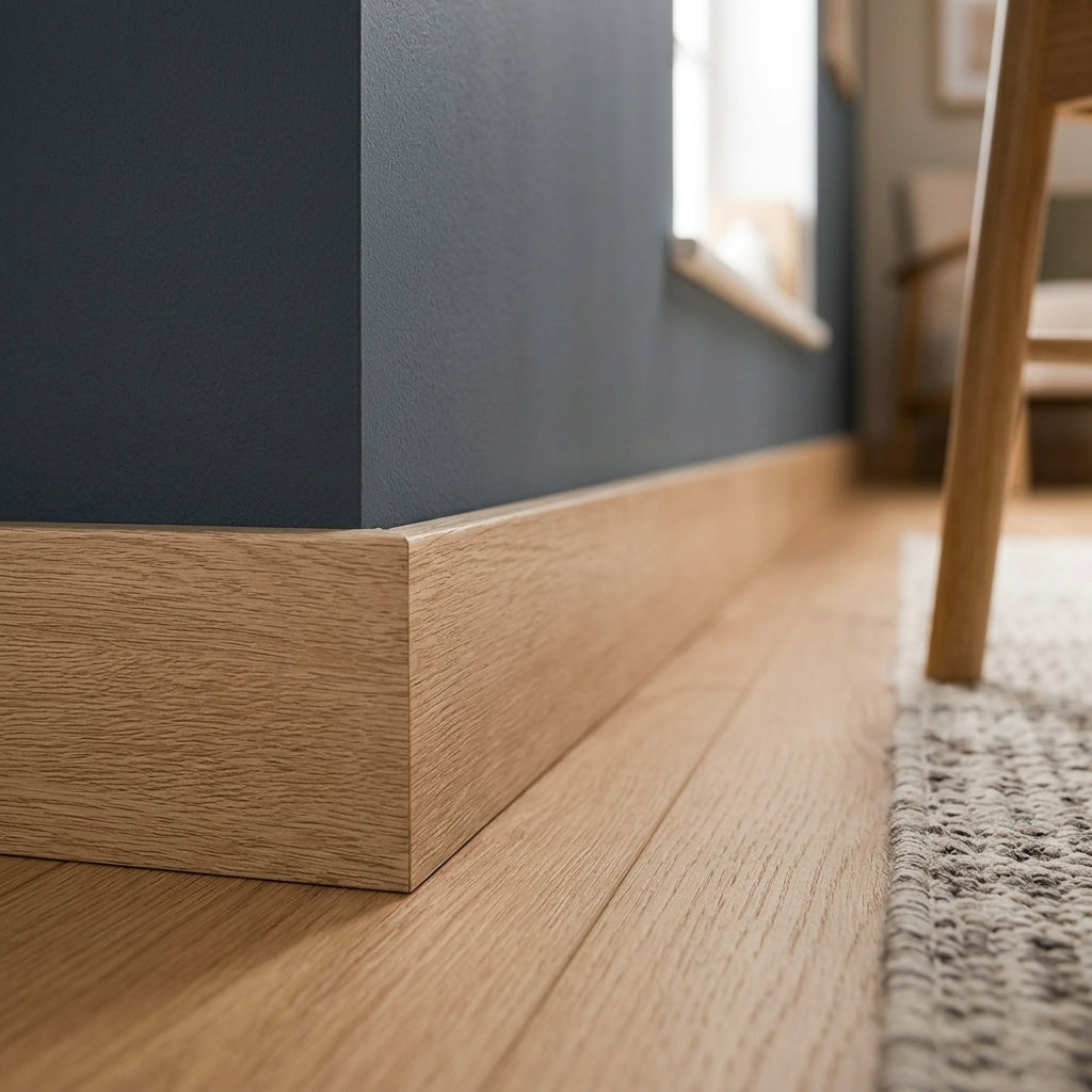 Polystyrene skirting board, 80 mm high – close-up of the skirting