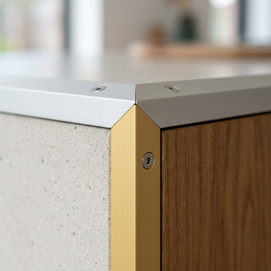 Anodised aluminium extruded equal angle, silver and gold – gold angle fitted on a cabinet edge