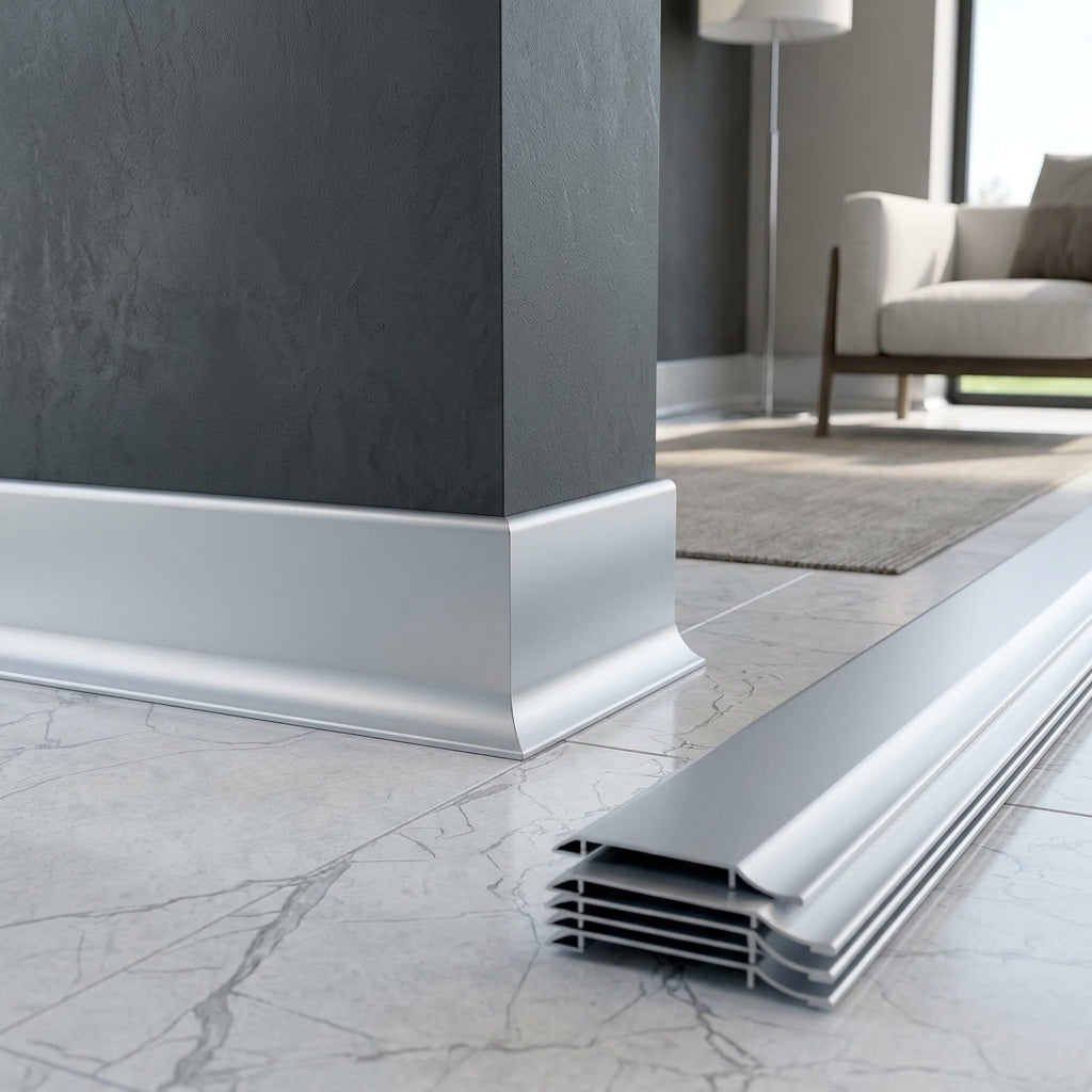 Anodised aluminium skirting board, 100 mm high – fitted at the base of a pillar, with lengths on the floor