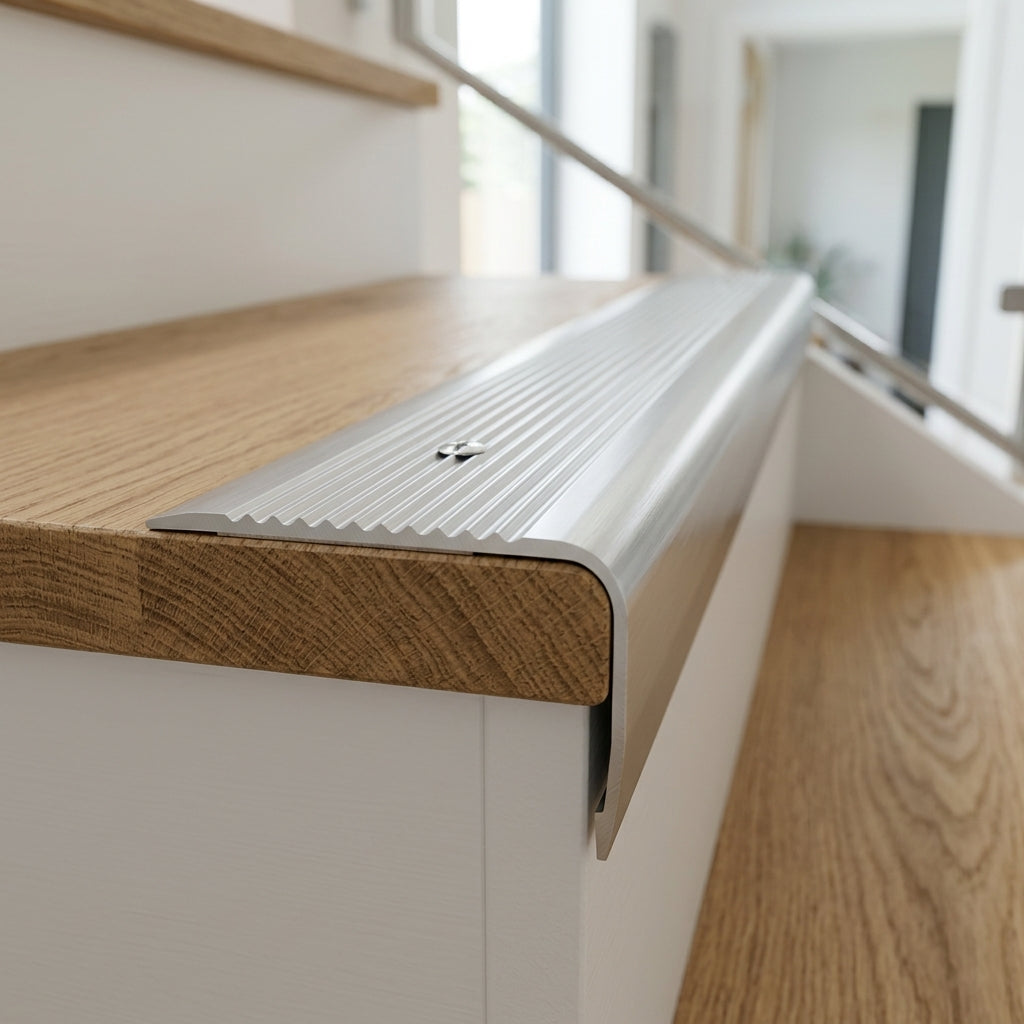 Anodised aluminium grooved stair nosing, 40 x 30 mm – close-up of the grooved anti-slip surface and screw holes