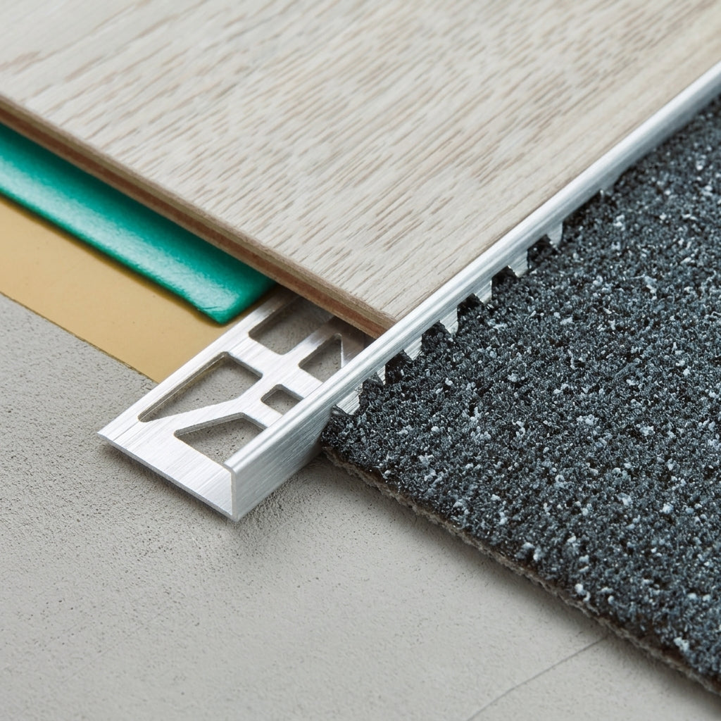 Anodised aluminium stop edge trim, 8 mm – close-up of the stop edge profile