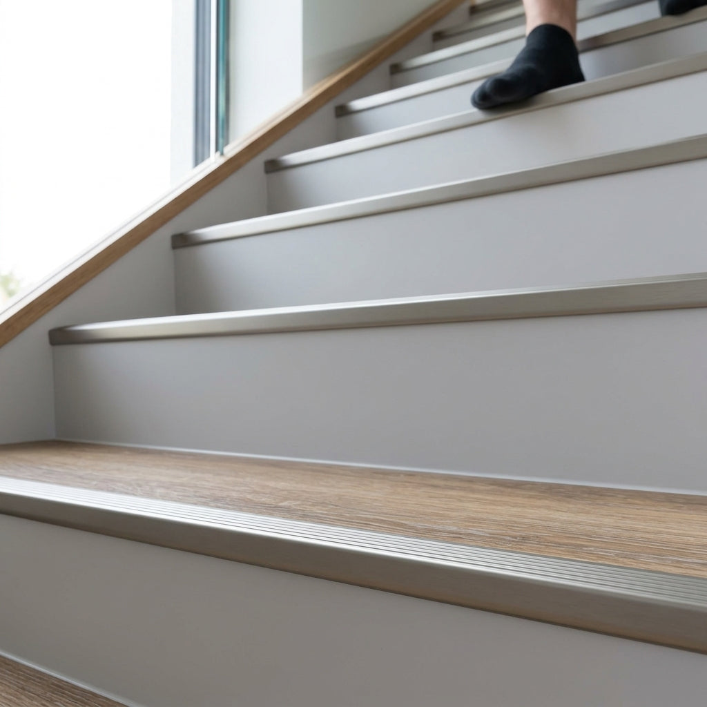 Aluminium stair nosing outer corner for 3 mm LVT – silver nosings fitted on a staircase