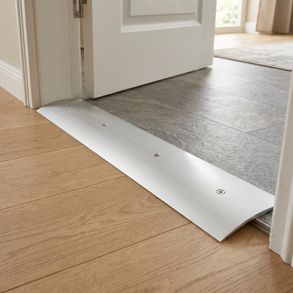 Wide anodised aluminium door threshold strip, 70 mm – silver strip fitted in a doorway