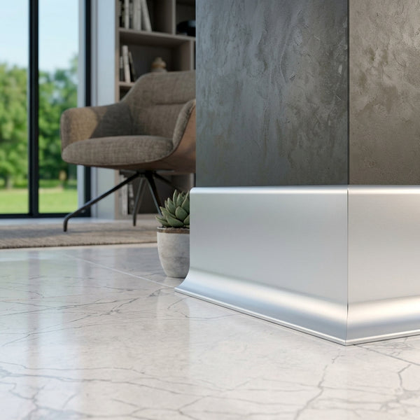 Anodised Aluminium Skirting Board – 80 mm High x 10 mm Thick – 2500 mm Length – Silver – Matching Corners, Links & End Caps