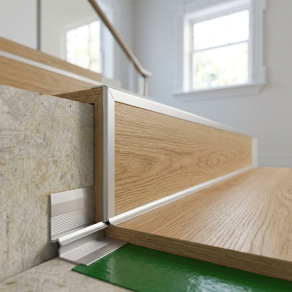Aluminium inner corner stair nosing for 3 mm LVT – fitted at the base of a stair riser