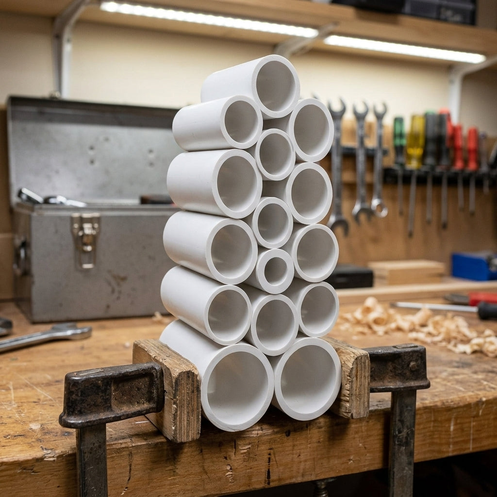 White PVC round pipe tube – tubes stacked on a workbench