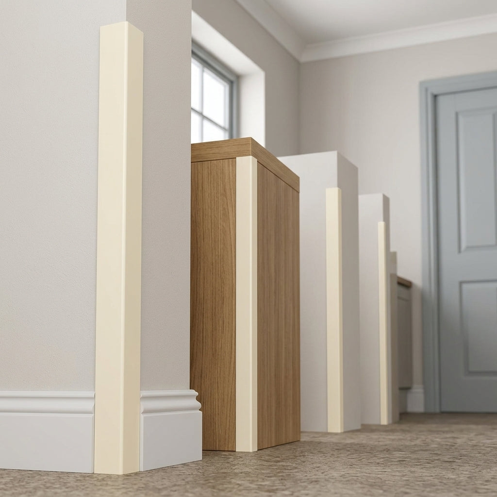 Ivory PVC corner angle trim – lengths standing against a wall