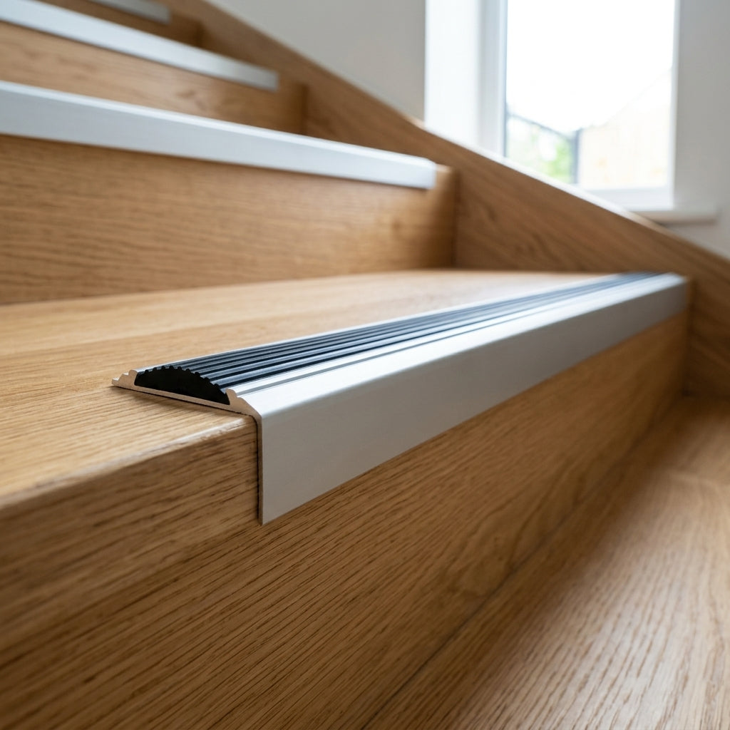 Anodised aluminium stair nosing with rubber insert, 46 x 30 mm – silver nosing fitted on an oak stair