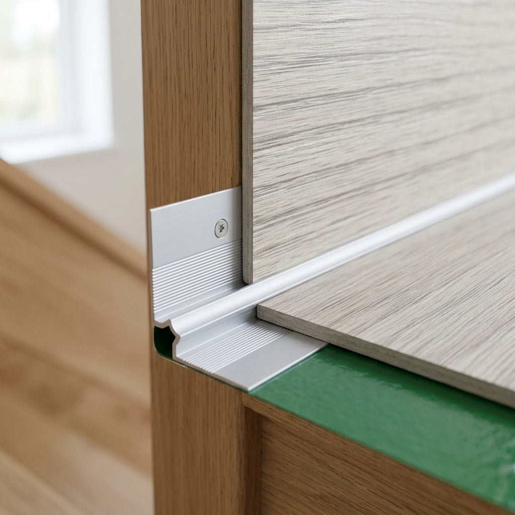 Aluminium inner corner stair nosing for 3 mm LVT – close-up of the inner corner profile