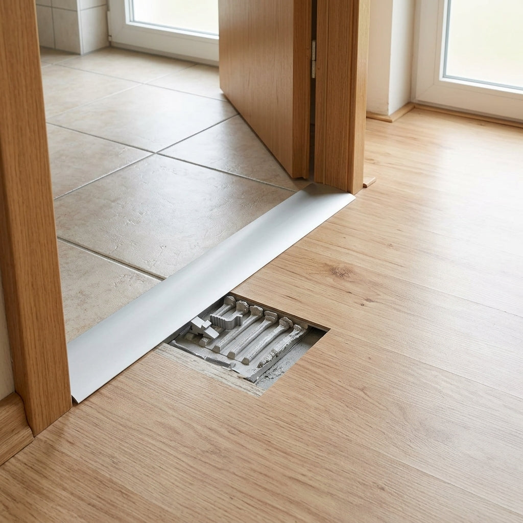 Silver aluminium door threshold strip, 30 mm x 930 mm, 5-in-1 fitting – fitted in a doorway