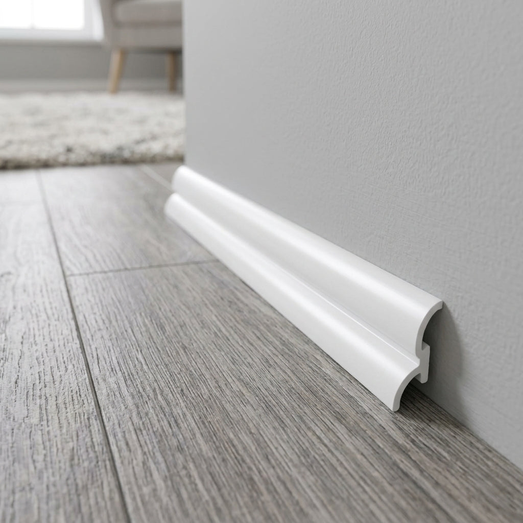 uPVC scotia skirting board trim, 18 mm – white scotia fitted along a skirting board