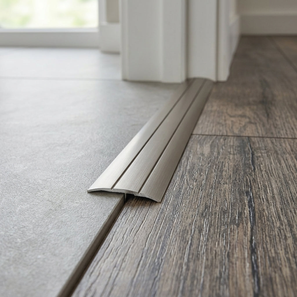 Self-adhesive aluminium door threshold strip, 38 mm x 900 mm – covering a floor joint
