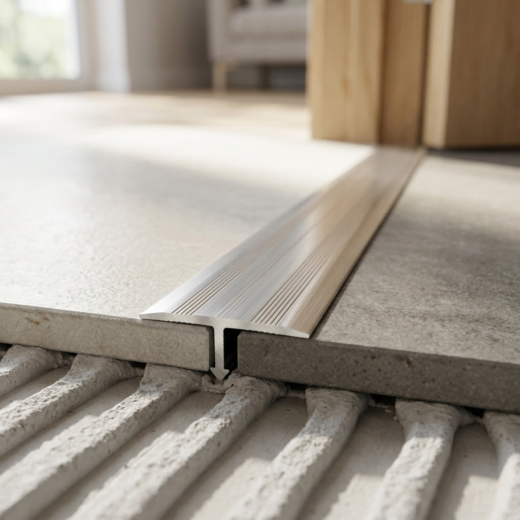 Aluminium T bar door threshold trim – T bar fitted in a floor joint