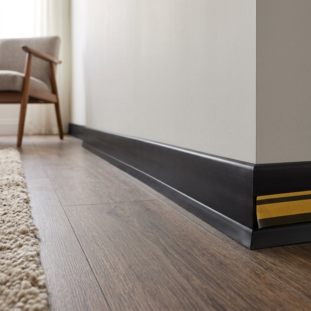 Self-adhesive flexible PVC skirting board, 50 mm high – black skirting fitted along a wall with a roll