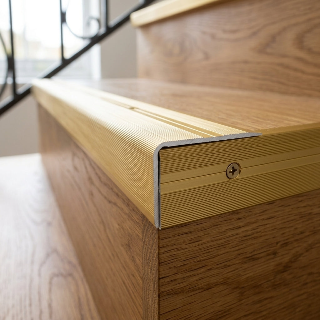 Aluminium stair nosing with ribbed anti-slip top, 48 x 34 mm – close-up of a gold nosing