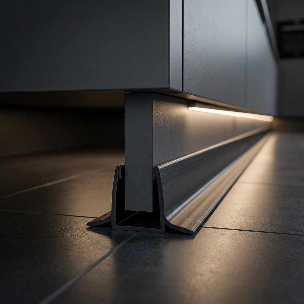 Black PVC plinth sealing strip – close-up of the black strip