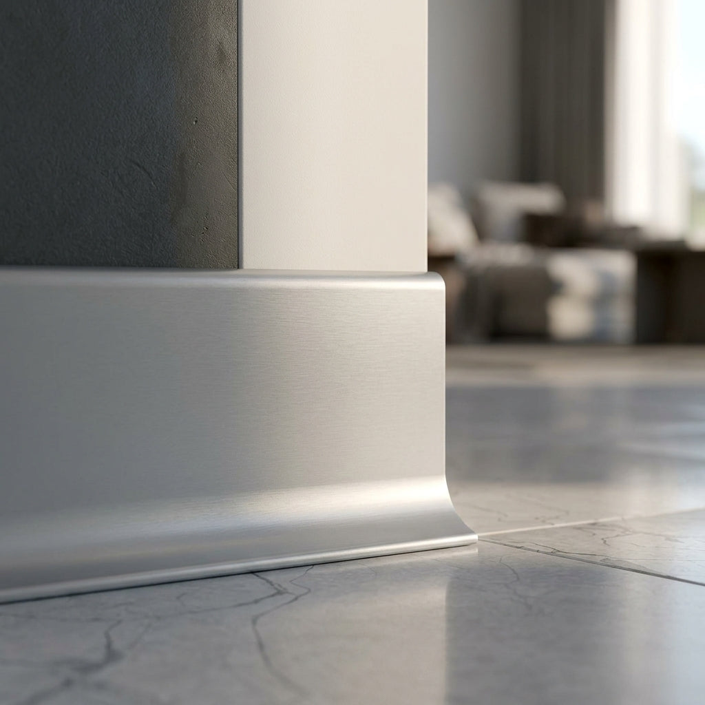 Anodised aluminium skirting board, 59 mm high – close-up of the silver skirting