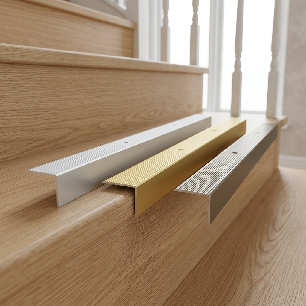 Anodised aluminium grooved stair nosing, 30 x 30 mm – silver, gold and champagne nosings laid on a stair
