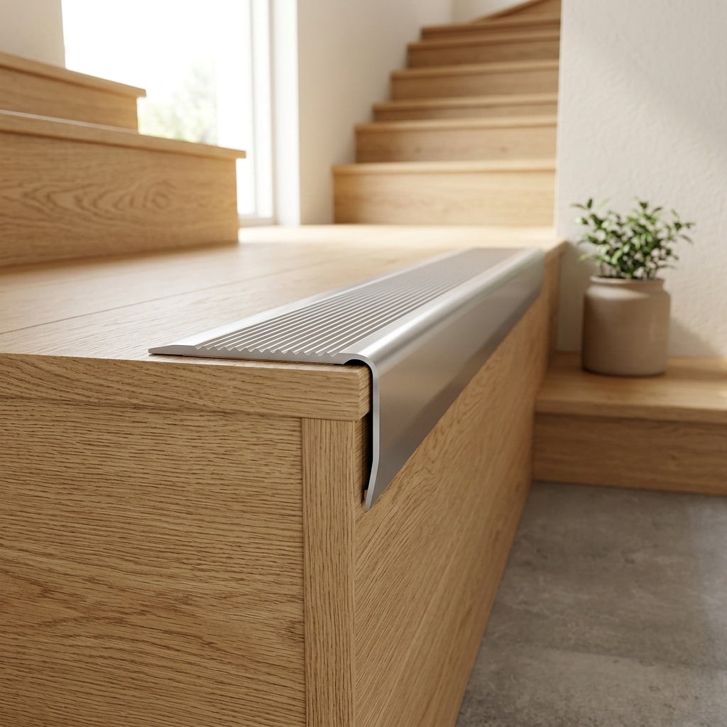 Anodised aluminium grooved stair nosing, 40 x 30 mm – silver nosing fitted on an oak step