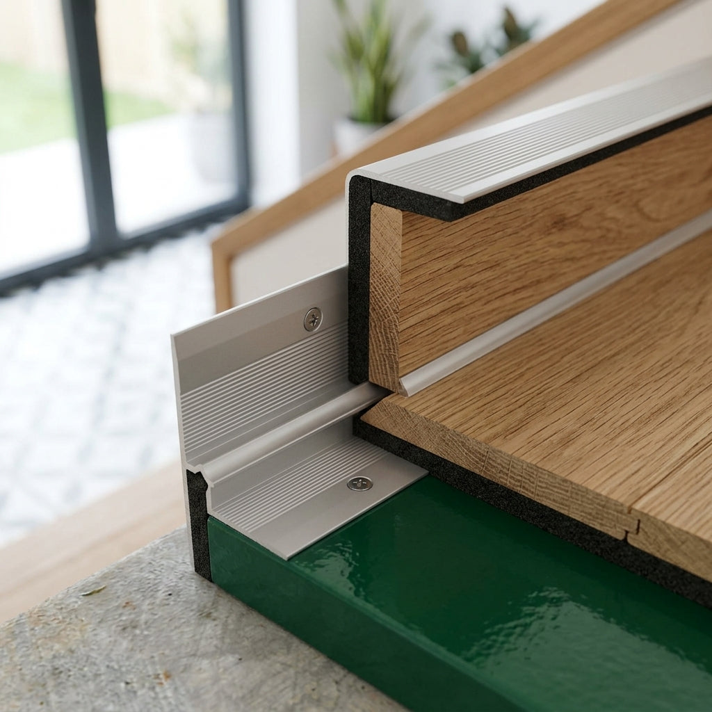 Aluminium inner corner stair nosing for 5 mm LVT – close-up of the inner corner profile
