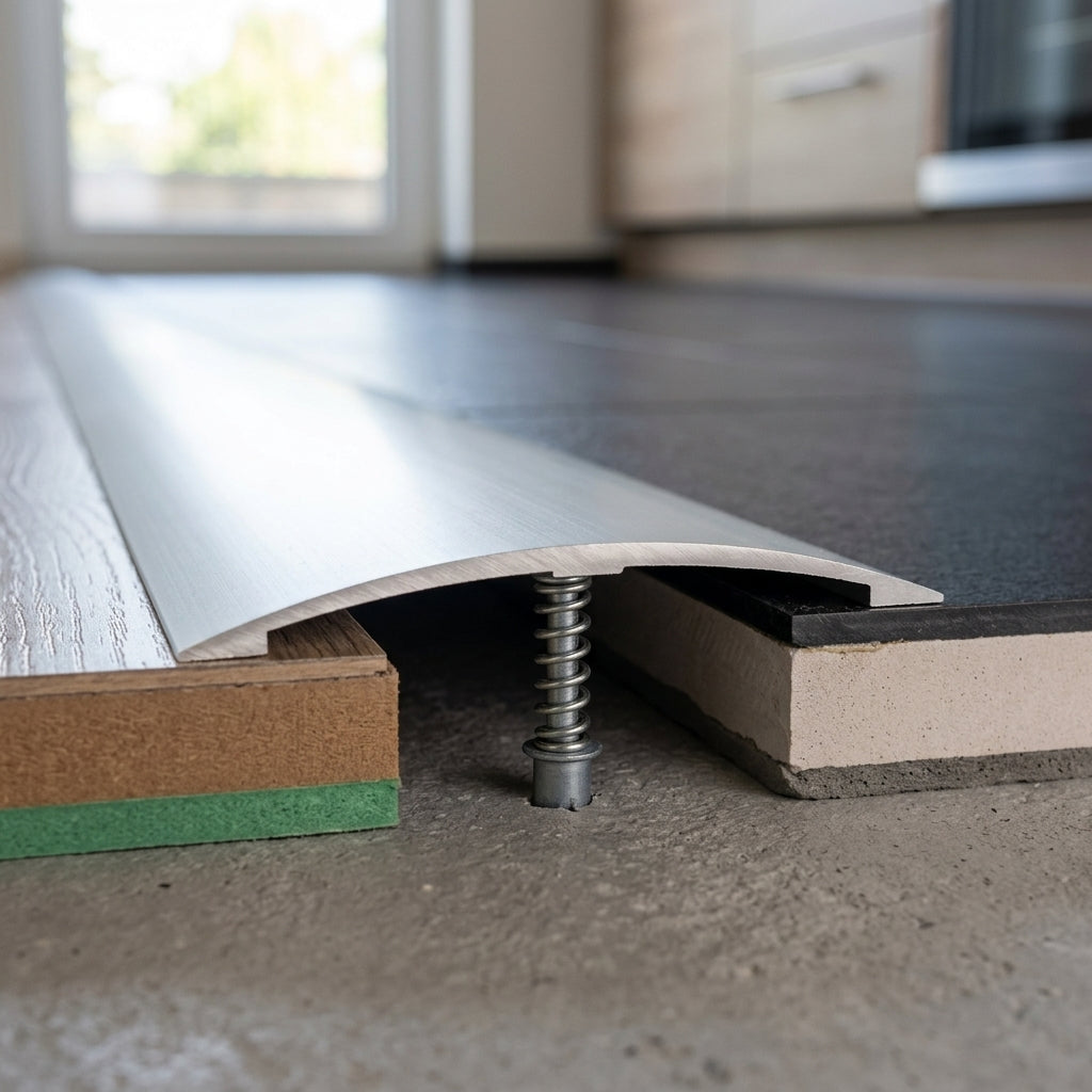 Wide anodised aluminium door threshold strip, 70 mm – profile view showing the screw fixing