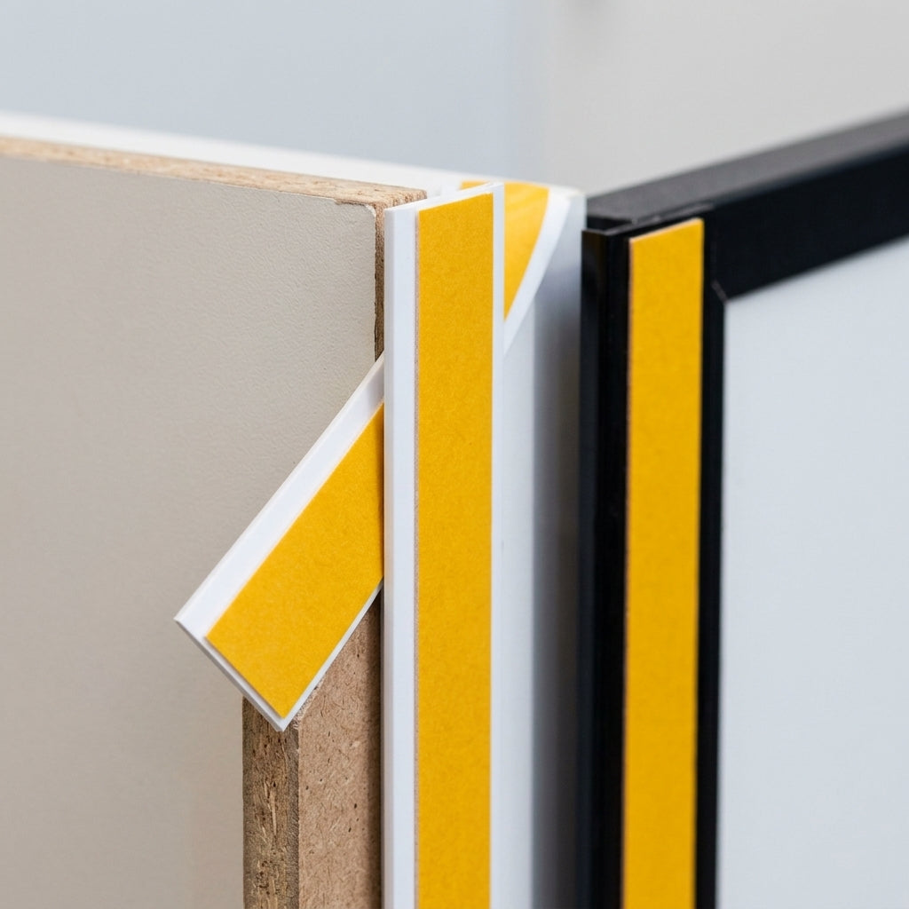 Self-adhesive PVC flat bar cover strip – black and white strips showing the adhesive backing