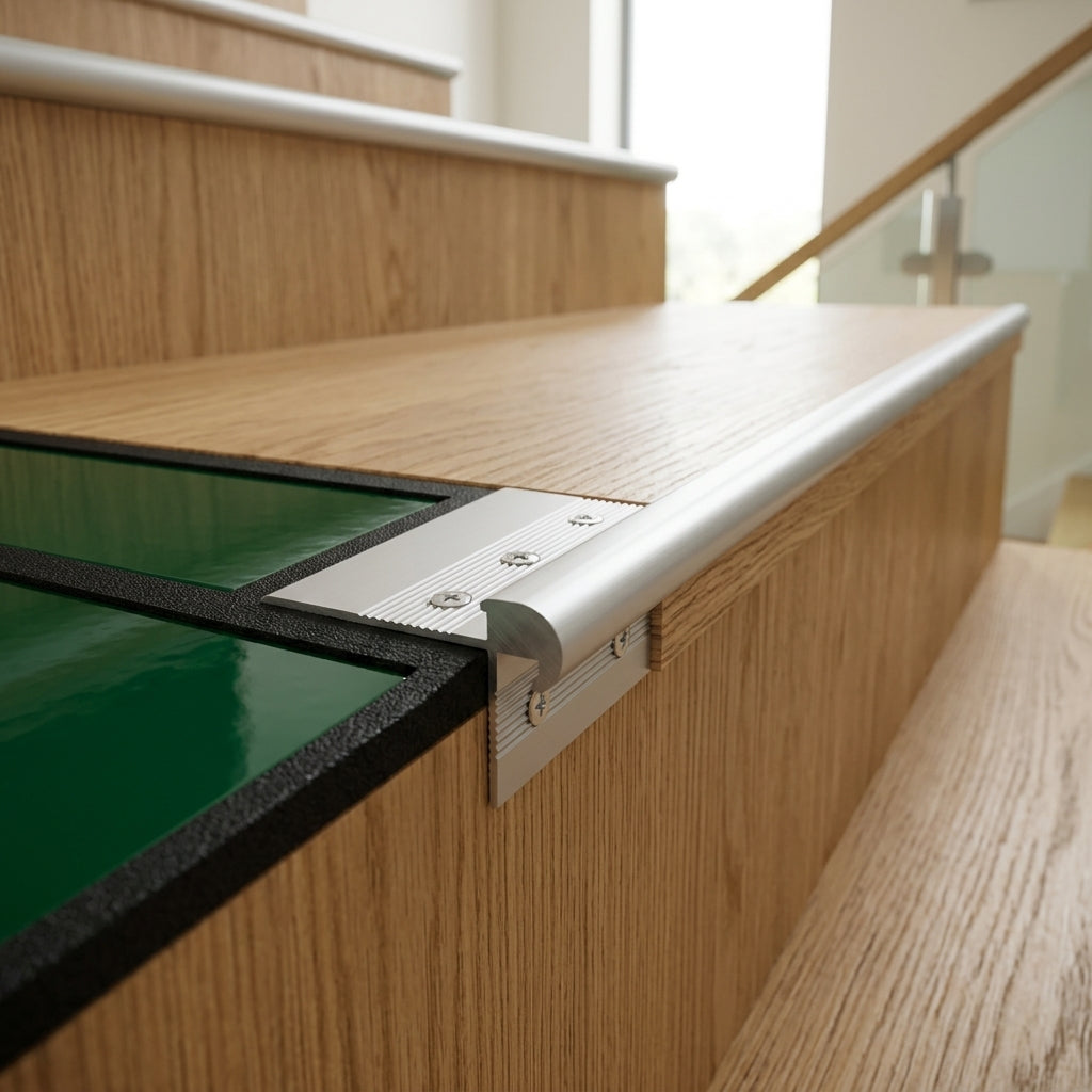 Aluminium outer corner stair nosing profile for 5 mm LVT – fitted on an LVT step
