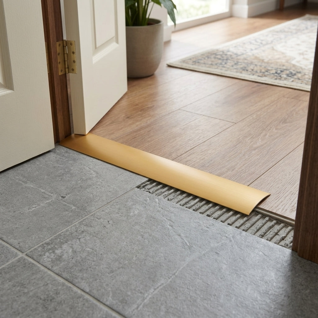 Self-adhesive aluminium door threshold strip, 60 and 80 mm wide – gold strip fitted in a doorway between tiles and wood